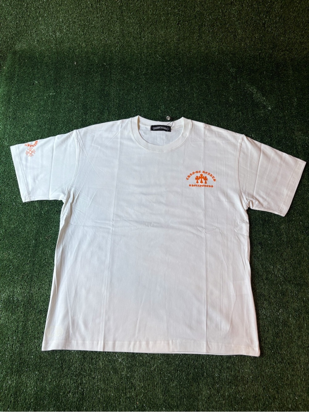 Chrome Hearts White Short Sleeve Tee with Orange Chest Logo